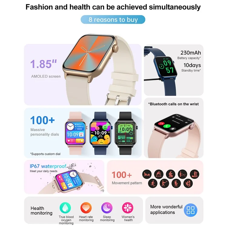 ZW64 1.85 Inch AMOLED Screen Smart Watch Health Monitor Bluetooth-compatible Calling Fitness Tracker - Rose Pink