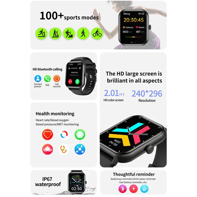 Montre connectée intelligente ZW62 de 2,01 pouces avec appel Bluetooth, suivi du rythme cardiaque, étanche IP67 et usage sportif - Noir