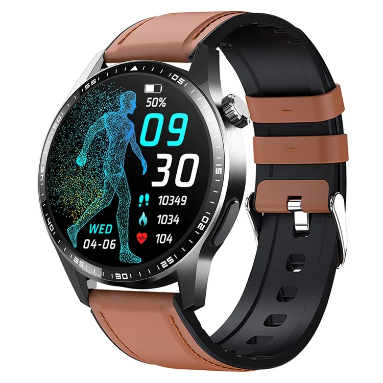 F60 1.55 Inch Round Screen Heart Rate Blood Oxygen Monitor SOS Alarm Sports Smart Watch with Leather Strap - Brown