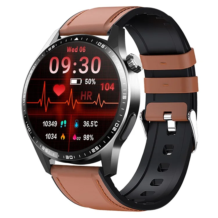F60 1.55 Inch Round Screen Heart Rate Blood Oxygen Monitor SOS Alarm Sports Smart Watch with Leather Strap - Brown