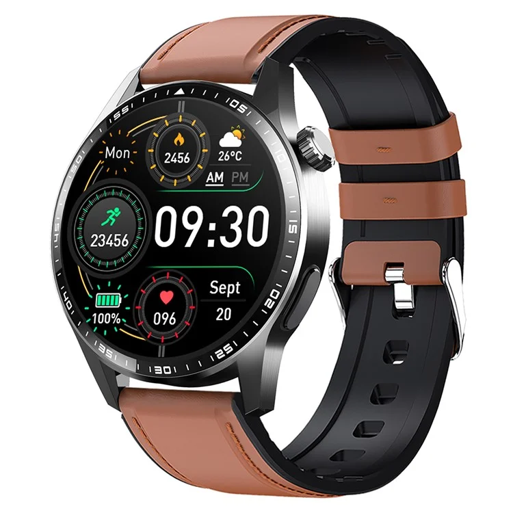 F60 1.55 Inch Round Screen Heart Rate Blood Oxygen Monitor SOS Alarm Sports Smart Watch with Leather Strap - Brown
