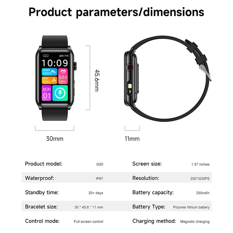 G50 1.57 Inch Smart Bracelet Fitness Tracker Bluetooth-compatible Calling Heart Rate Monitor Wristband - Black