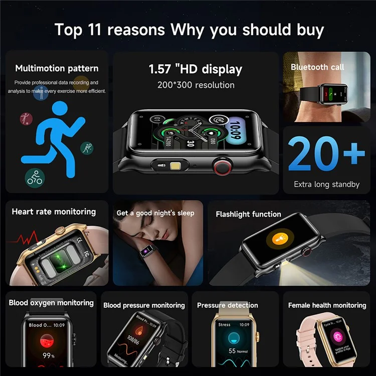G50 1.57 Inch Smart Bracelet Fitness Tracker Bluetooth-compatible Calling Heart Rate Monitor Wristband - Black