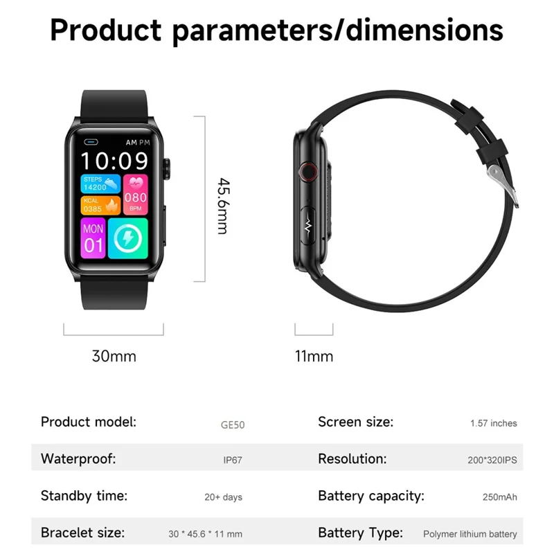 GE50 1.57 Inch Sports Wristband ECG Heart Rate Monitor Bluetooth-compatible Calling Smart Bracelet - Black