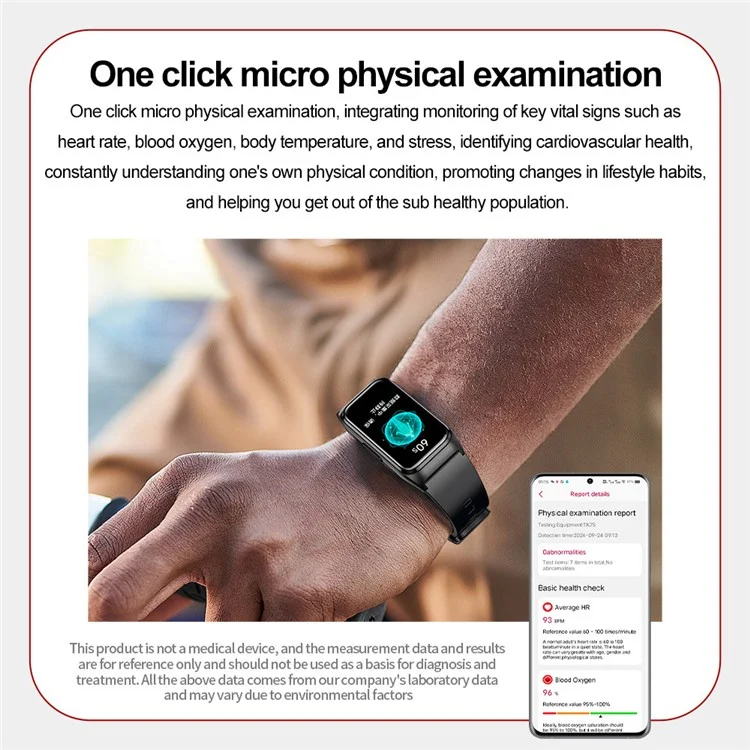 TK75 1.47 Inch Smart Bracelet Heart Rate Blood Oxygen Body Temperature Monitor Fitness Tracker - Black