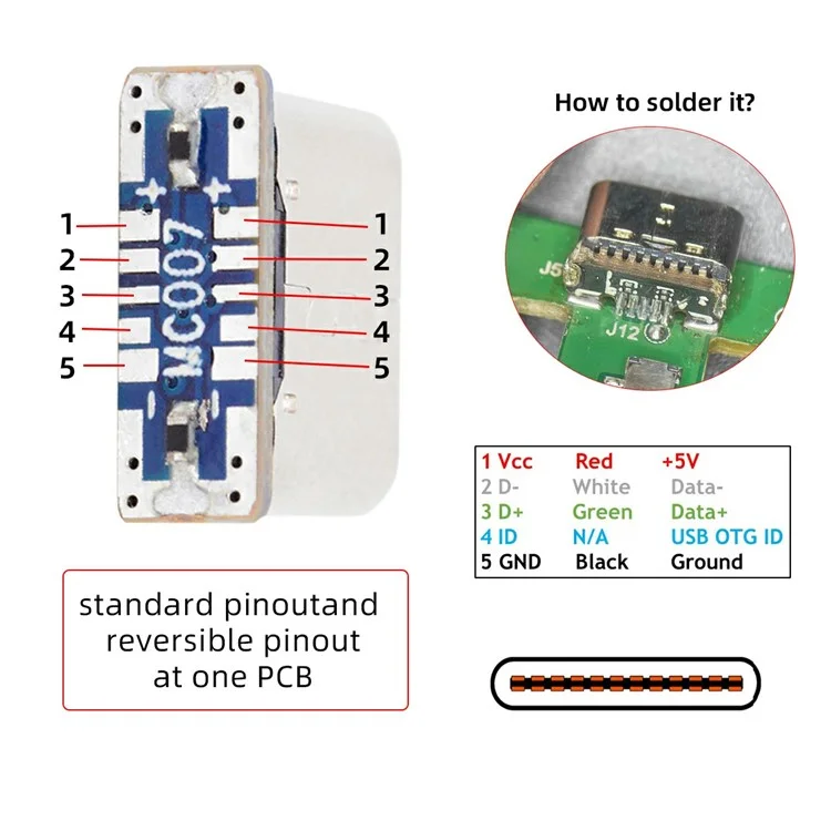 CN-037 5 Pezzi Connettore Femmina Type C Saldabile Fai-da-Te, Sostituzione del Connettore Femmina Micro-USB 5 Pin SMT DC 5V