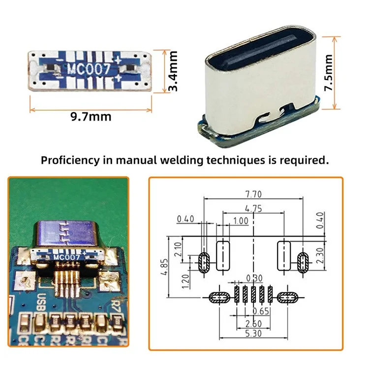 CN-037 5 Pezzi Connettore Femmina Type C Saldabile Fai-da-Te, Sostituzione del Connettore Femmina Micro-USB 5 Pin SMT DC 5V