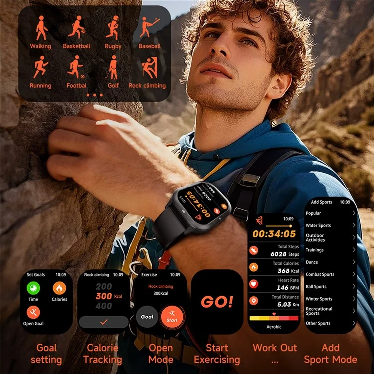 C30 Multifunction Smart Watch 1.95 Inch Large Screen 1ATM Waterproof Pedometer for Men Women Fitness Tracker - Black