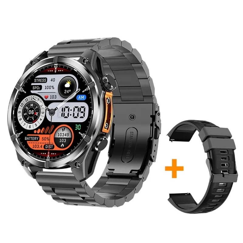 HD300 Smart Watch Bluetooth-compatible Call Wireless Charging Heart Rate Blood Pressure SpO2 3ATM Waterproof Watch with Dual Strap - Black