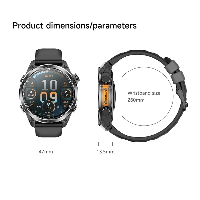 HD300 Smart Watch Bluetooth-compatible Call Wireless Charging Heart Rate Blood Pressure SpO2 3ATM Waterproof Watch with Dual Strap - Black