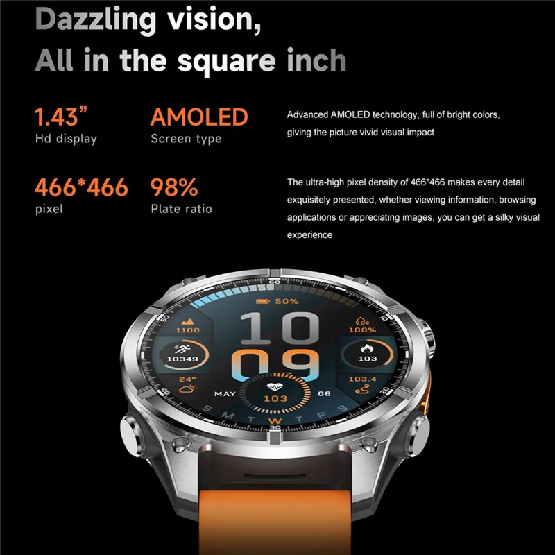 HD300 Smart Watch Bluetooth-compatible Call Wireless Charging Heart Rate Blood Pressure SpO2 3ATM Waterproof Watch with Dual Strap - Black