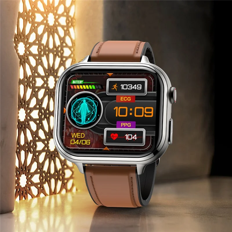 TK17 Smartwatch com Pulseira de Couro, Tela de 1,91 Polegadas, Chamadas Bluetooth, Monitor ECG, Saúde, à Prova d'Água, Pedômetro - Marrom