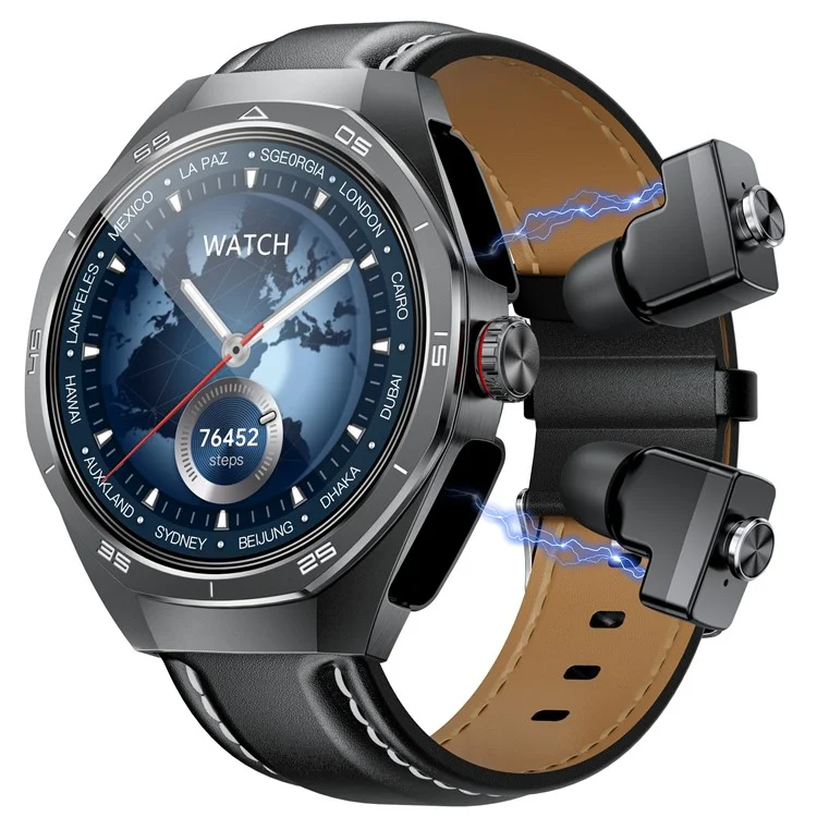 GT97 2 in 1 Bluetooth-compatible TWS Earphones 1.53 Inch Round Screen Heart Rate Monitor Smart Watch - Black Leather Strap