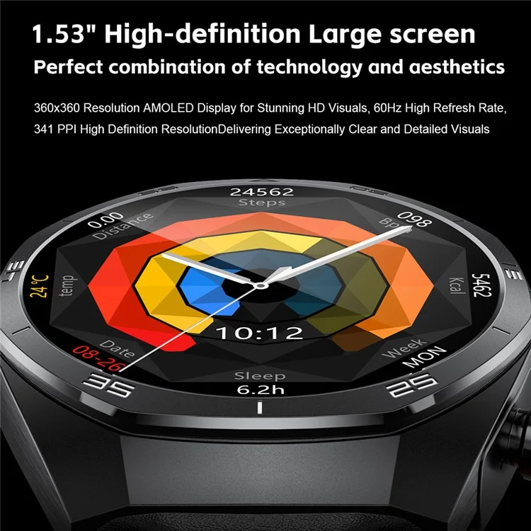 GT97 2 in 1 Bluetooth-compatible TWS Earphones 1.53 Inch Round Screen Heart Rate Monitor Smart Watch - Black Leather Strap