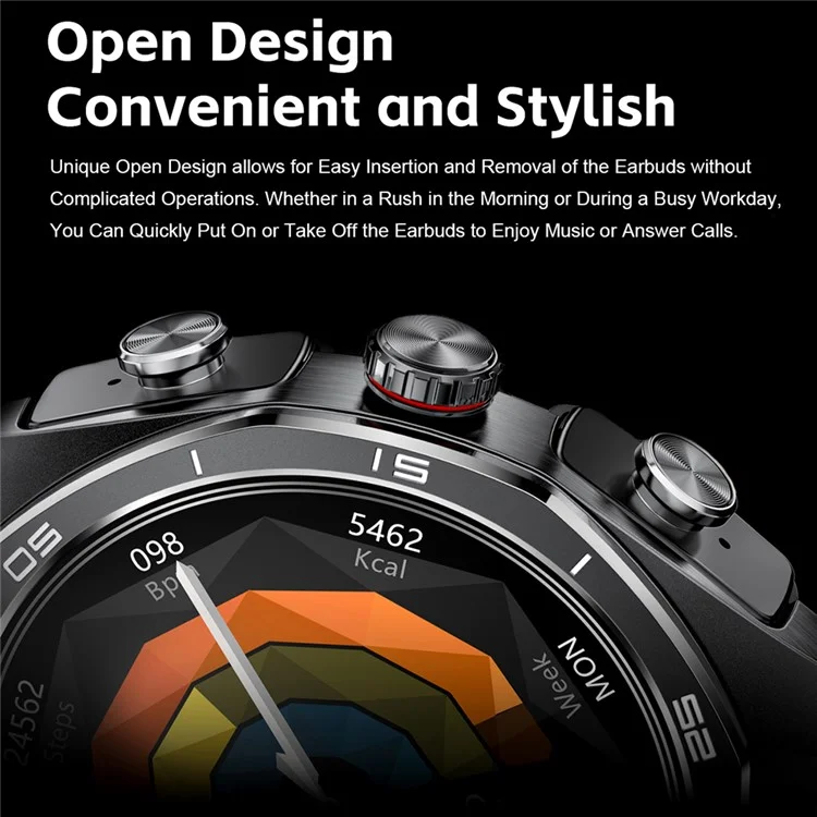 GT97 2 in 1 Bluetooth-compatible TWS Earphones 1.53 Inch Round Screen Heart Rate Monitor Smart Watch - Black Leather Strap
