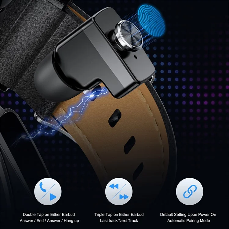GT97 2 in 1 Bluetooth-compatible TWS Earphones 1.53 Inch Round Screen Heart Rate Monitor Smart Watch - Black Leather Strap