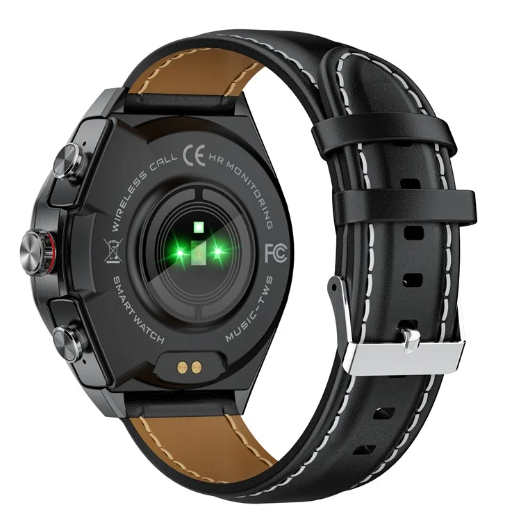 GT97 2 in 1 Bluetooth-compatible TWS Earphones 1.53 Inch Round Screen Heart Rate Monitor Smart Watch - Black Leather Strap
