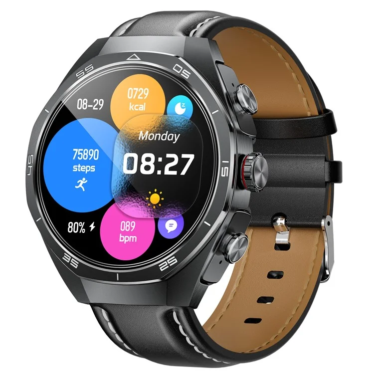 GT97 2 in 1 Bluetooth-compatible TWS Earphones 1.53 Inch Round Screen Heart Rate Monitor Smart Watch - Black Leather Strap