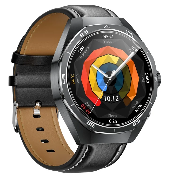 GT97 2 in 1 Bluetooth-compatible TWS Earphones 1.53 Inch Round Screen Heart Rate Monitor Smart Watch - Black Leather Strap