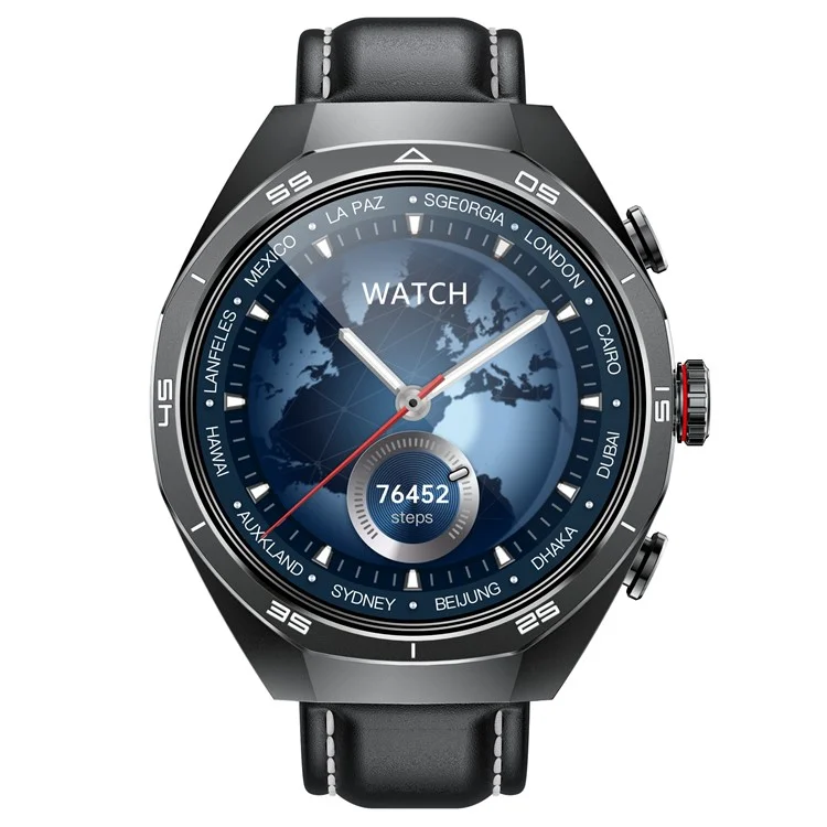 GT97 2 in 1 Bluetooth-compatible TWS Earphones 1.53 Inch Round Screen Heart Rate Monitor Smart Watch - Black Leather Strap