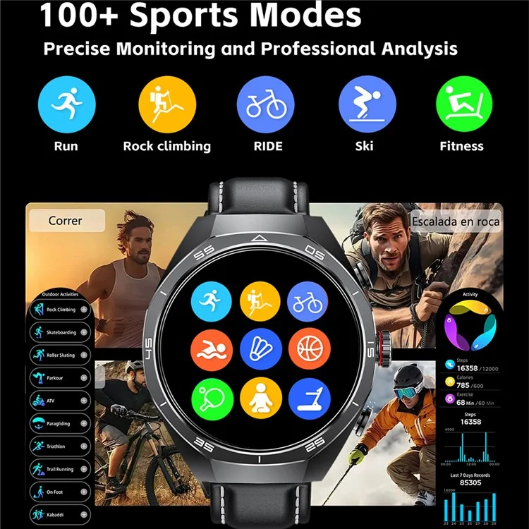 GT97 2 in 1 Bluetooth-compatible TWS Earphones 1.53 Inch Round Screen Heart Rate Monitor Smart Watch - Black Leather Strap