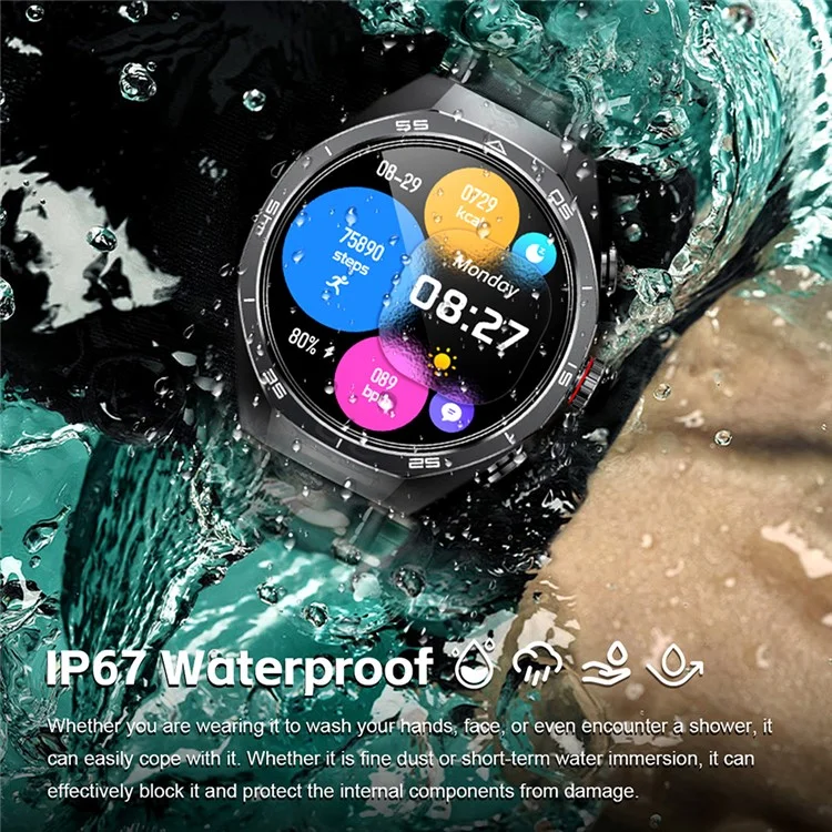 GT97 2 in 1 Bluetooth-compatible TWS Earphones 1.53 Inch Round Screen Heart Rate Monitor Smart Watch - Black Leather Strap