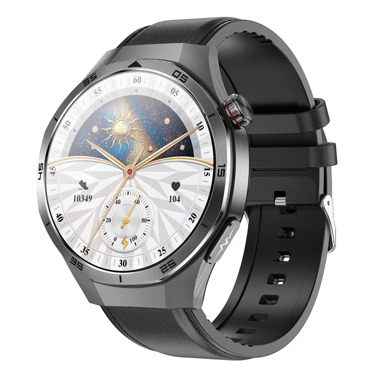 ET456 Leather Strap 1.56 Inch Round AMOLED Screen Smart Watch Bluetooth-Compatible Call ECG Health Monitor Sports Watch - Black