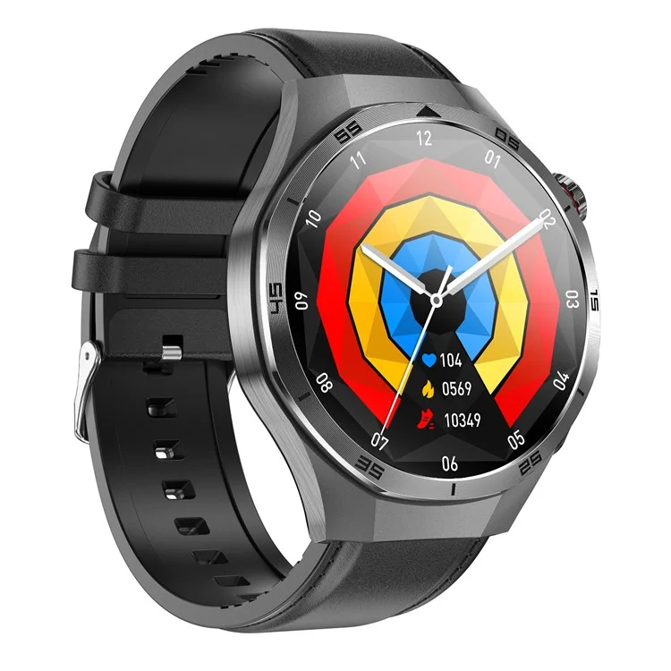 ET456 Leather Strap 1.56 Inch Round AMOLED Screen Smart Watch Bluetooth-Compatible Call ECG Health Monitor Sports Watch - Black