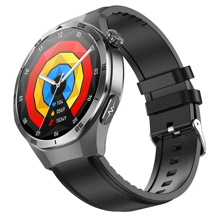 ET456 Leather Strap 1.56 Inch Round AMOLED Screen Smart Watch Bluetooth-Compatible Call ECG Health Monitor Sports Watch - Black