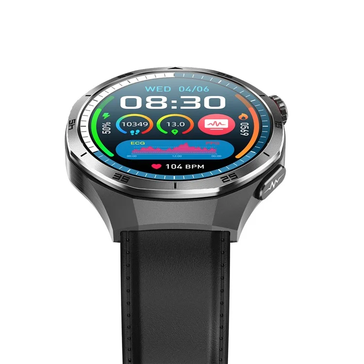 ET456 Leather Strap 1.56 Inch Round AMOLED Screen Smart Watch Bluetooth-Compatible Call ECG Health Monitor Sports Watch - Black