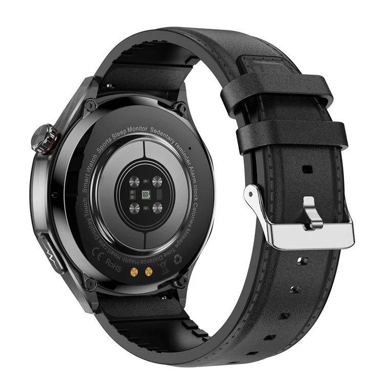ET456 Leather Strap 1.56 Inch Round AMOLED Screen Smart Watch Bluetooth-Compatible Call ECG Health Monitor Sports Watch - Black