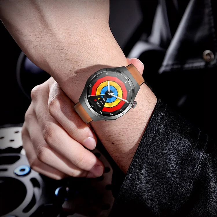 ET456 Leather Strap 1.56 Inch Round AMOLED Screen Smart Watch Bluetooth-Compatible Call ECG Health Monitor Sports Watch - Black