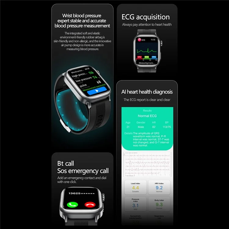 Reloj Inteligente TK66 con Monitor de Presión Arterial y ECG, Llamadas Bluetooth y Alerta SOS de Emergencia - Azul