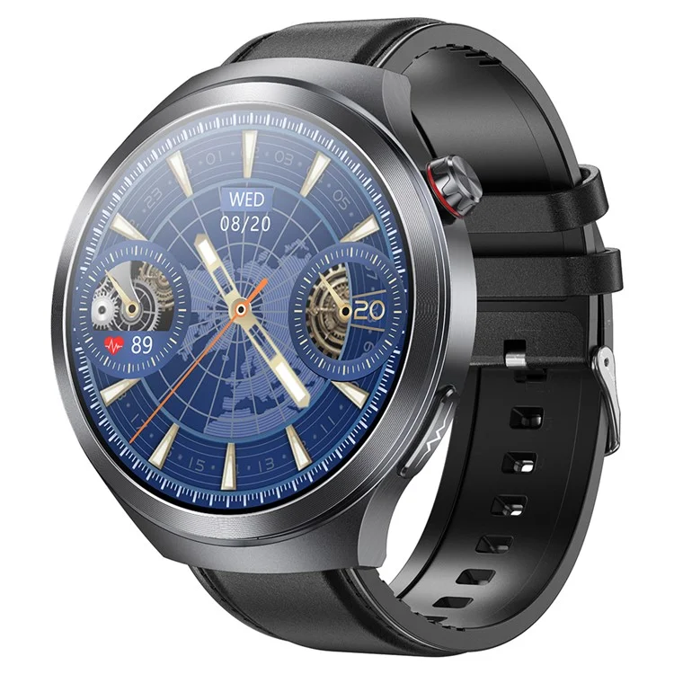 ET475 1.73 Inch AMOLED Screen Smart Watch ECG Health Monitor Bluetooth-Compatible Calling Watch, Leather Strap - Black