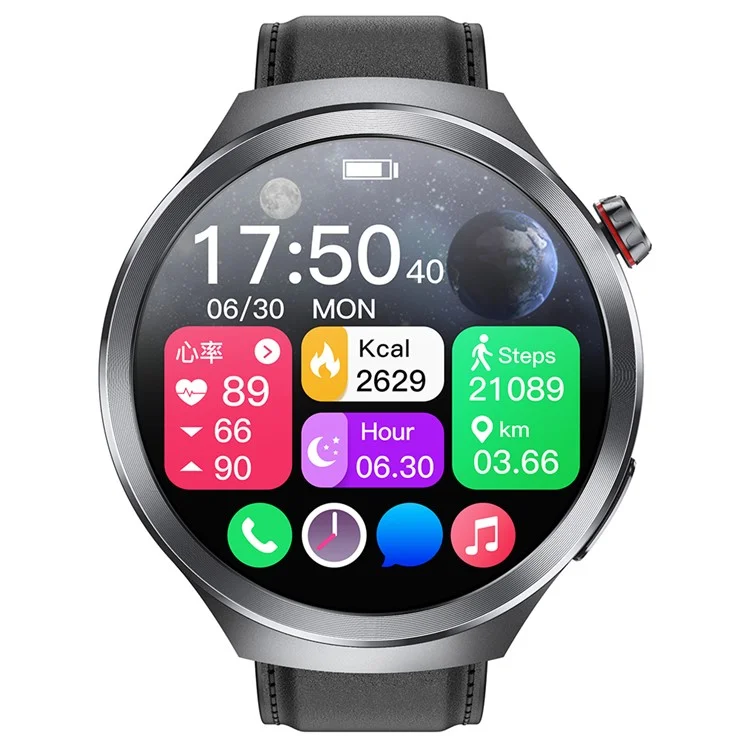 ET475 1.73 Inch AMOLED Screen Smart Watch ECG Health Monitor Bluetooth-Compatible Calling Watch, Leather Strap - Black