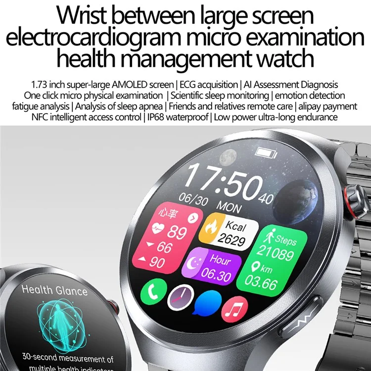 ET475 1.73 Inch AMOLED Screen Smart Watch ECG Health Monitor Bluetooth-Compatible Calling Watch, Leather Strap - Black