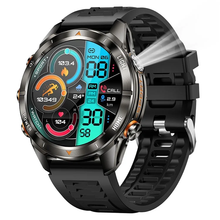KT80 Outdoor Sports Smartwatch 3 ATM Wasserdicht Bluetooth-kompatibler Anruf-Sportarmband mit Taschenlampe - Schwarz