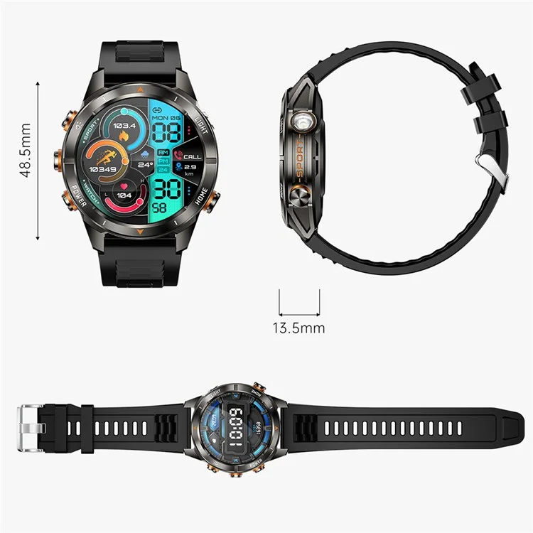 KT80 Outdoor Sports Smartwatch 3 ATM Wasserdicht Bluetooth-kompatibler Anruf-Sportarmband mit Taschenlampe - Schwarz
