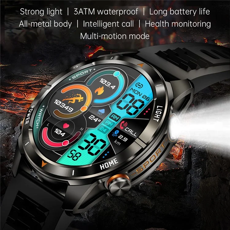 KT80 Outdoor Sports Smartwatch 3 ATM Wasserdicht Bluetooth-kompatibler Anruf-Sportarmband mit Taschenlampe - Schwarz