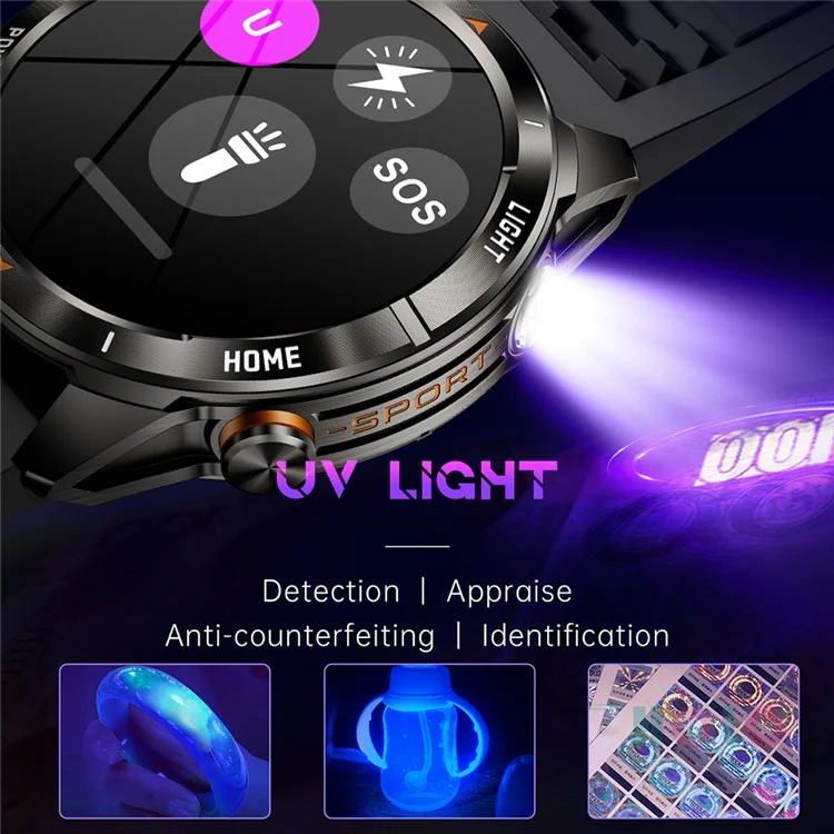 KT80 Outdoor Sports Smartwatch 3 ATM Wasserdicht Bluetooth-kompatibler Anruf-Sportarmband mit Taschenlampe - Schwarz