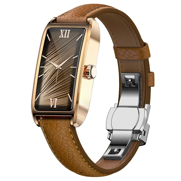 Dora T Smart Watch for Women Fitness Tracker IP68 Waterproof Heart Rate Monitor Smartwatch, Leather Band - Rose Gold Case / Brown