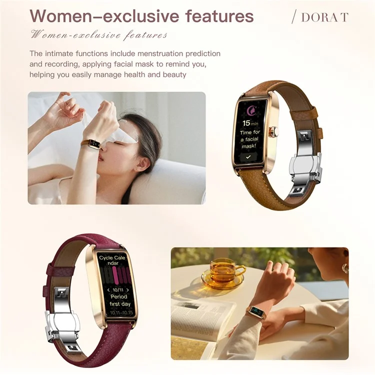 Dora T Smart Watch for Women Fitness Tracker IP68 Waterproof Heart Rate Monitor Smartwatch, Leather Band - Rose Gold Case / Brown