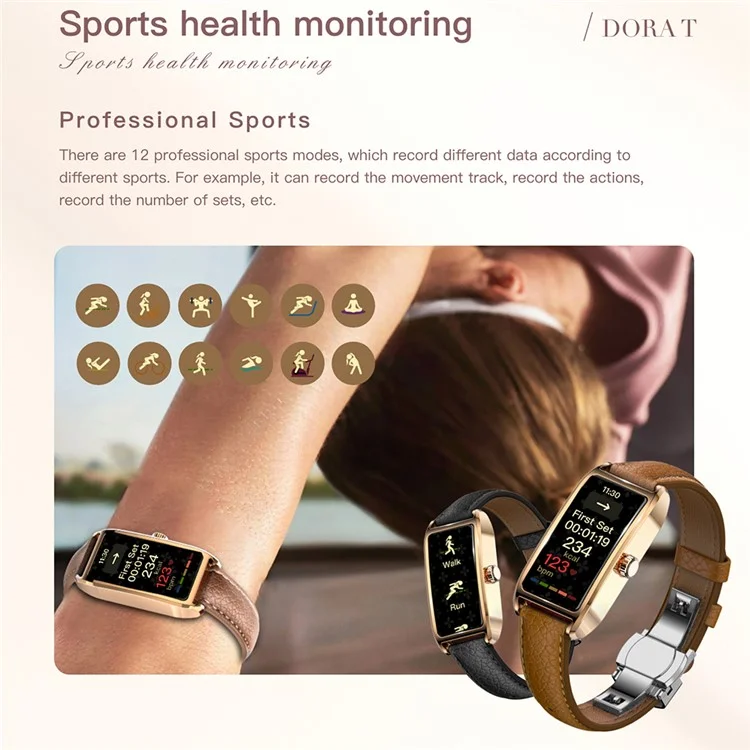 Dora T Smart Watch for Women Fitness Tracker IP68 Waterproof Heart Rate Monitor Smartwatch, Leather Band - Rose Gold Case / Brown