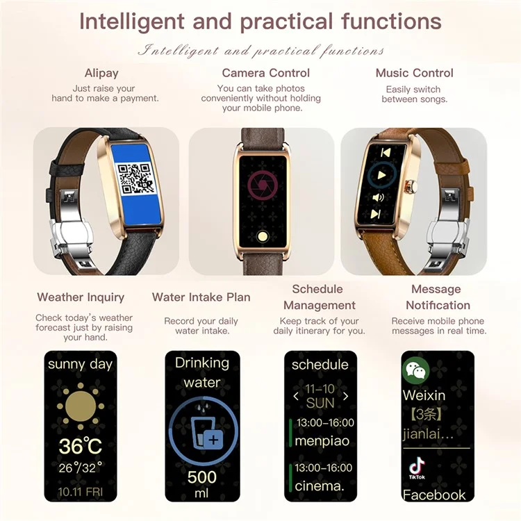Dora T Smart Watch for Women Fitness Tracker IP68 Waterproof Heart Rate Monitor Smartwatch, Leather Band - Rose Gold Case / Brown