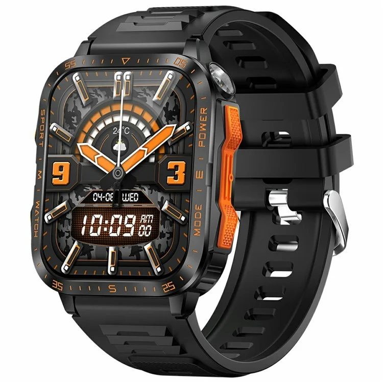 KT79 1,96 Polegadas Smartwatch Robusto Externo com Lanterna, Chamadas via Bluetooth, Rastreador Esportivo e Monitor de Saúde - Preto / Laranja