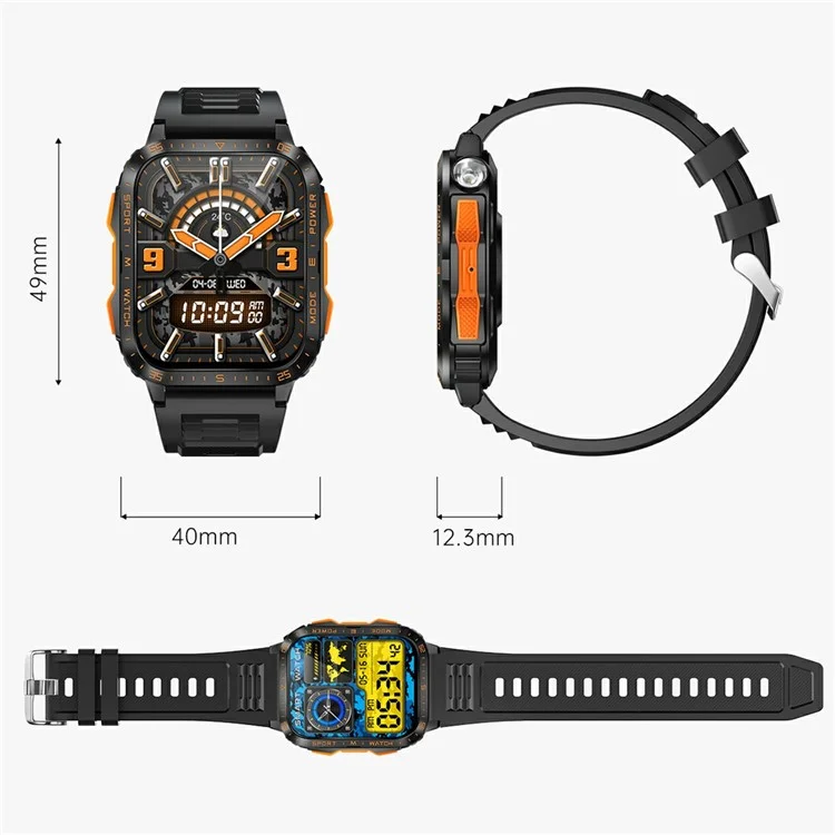 KT79 1,96 Polegadas Smartwatch Robusto Externo com Lanterna, Chamadas via Bluetooth, Rastreador Esportivo e Monitor de Saúde - Preto / Laranja