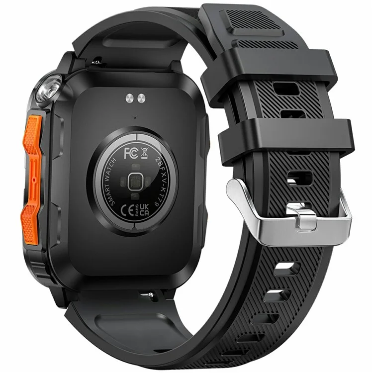 KT79 1,96 Polegadas Smartwatch Robusto Externo com Lanterna, Chamadas via Bluetooth, Rastreador Esportivo e Monitor de Saúde - Preto / Laranja