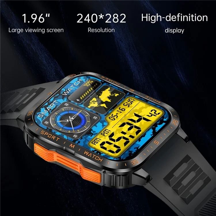 KT79 1,96 Polegadas Smartwatch Robusto Externo com Lanterna, Chamadas via Bluetooth, Rastreador Esportivo e Monitor de Saúde - Preto / Laranja