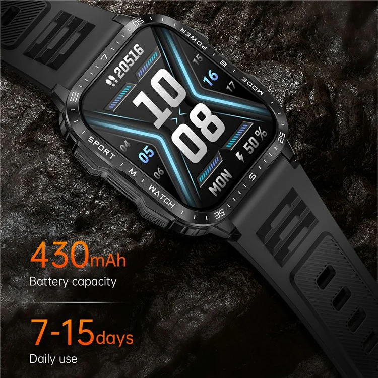 KT79 1,96 Polegadas Smartwatch Robusto Externo com Lanterna, Chamadas via Bluetooth, Rastreador Esportivo e Monitor de Saúde - Preto / Laranja