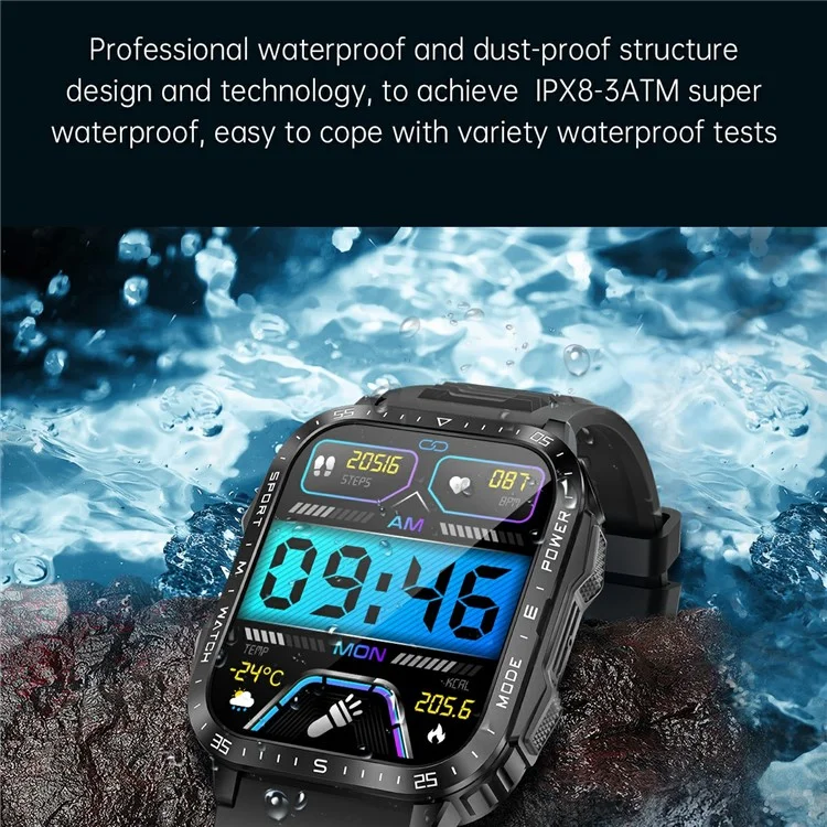 KT79 1,96 Polegadas Smartwatch Robusto Externo com Lanterna, Chamadas via Bluetooth, Rastreador Esportivo e Monitor de Saúde - Preto / Laranja